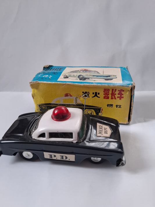 Rare Vintage 1970s Chinese Tinplate Police Car – Collectible Friction Toy (MF 900)