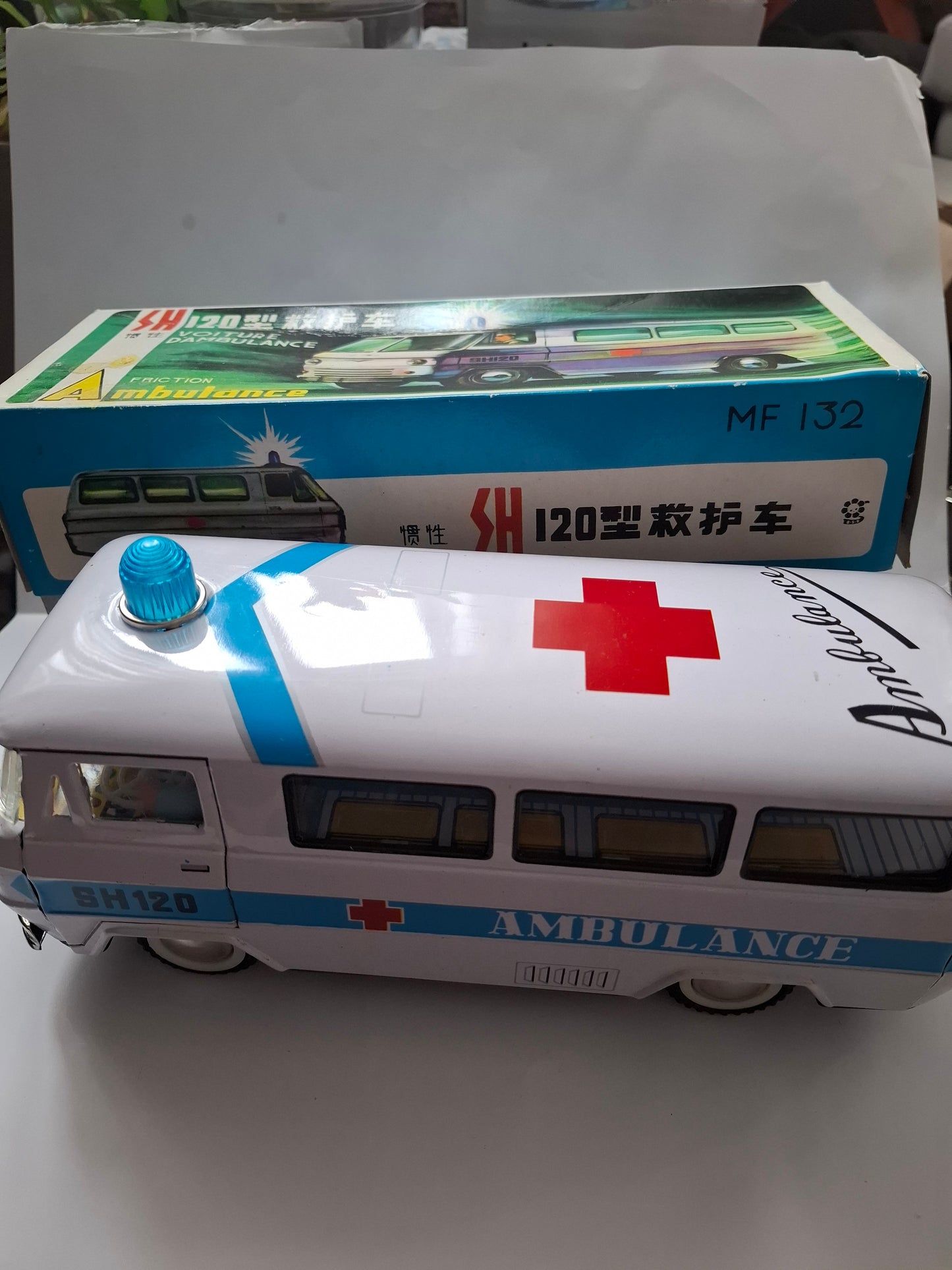 Vintage MF 132 Tin Ambulance Classic Friction Motor Toy - Original Box
