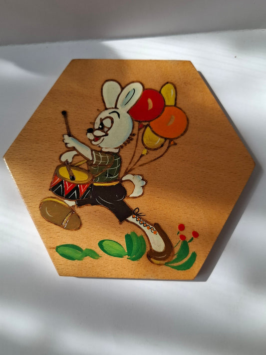 Vintage Wooden Hexagon Plaque Bunny Musician Wall Art - Playful Retro Decor for Kids - Unique USSR