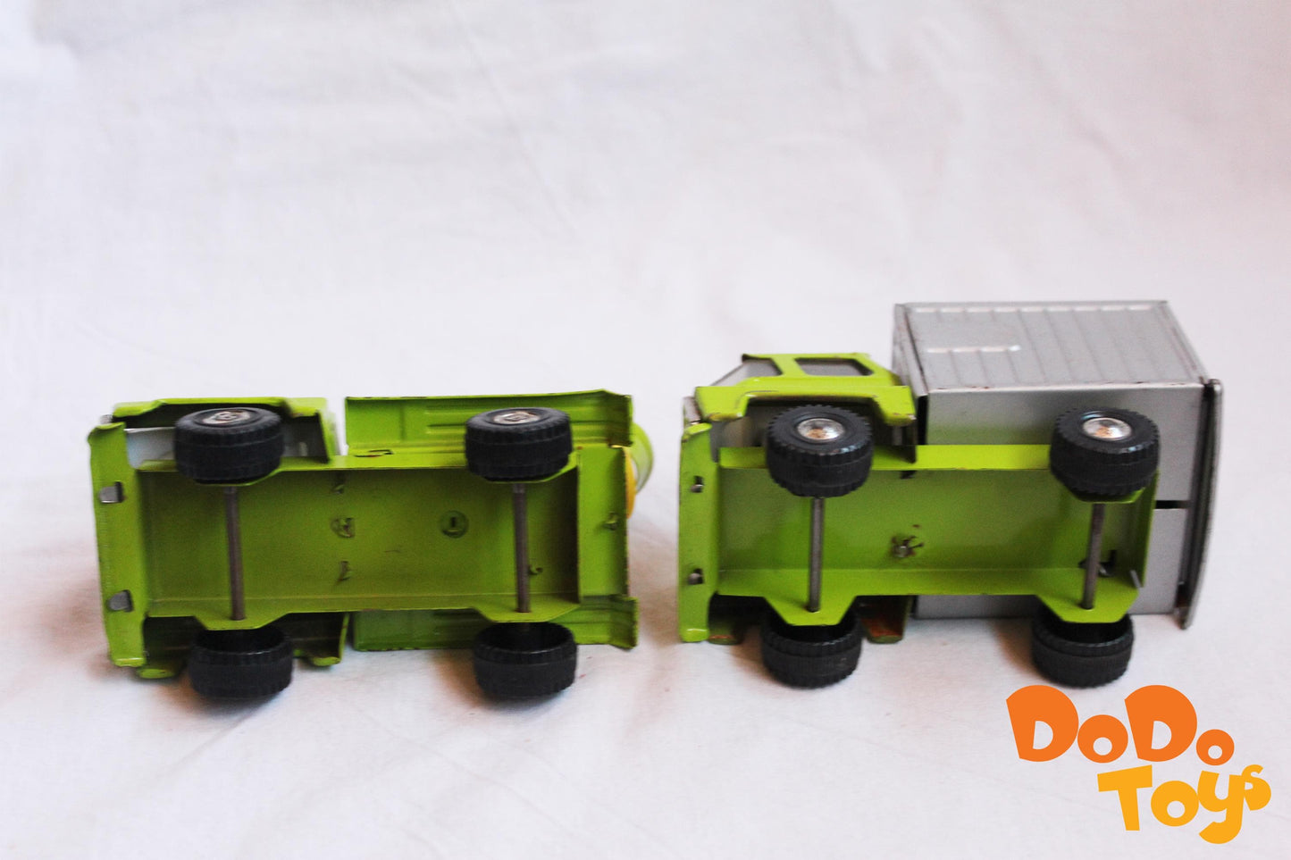 Set of two Vintage Buddy L -5 Inch Steel Lime Body/Yellow Mixer Cement Mixer and Box truck - Made in Japan