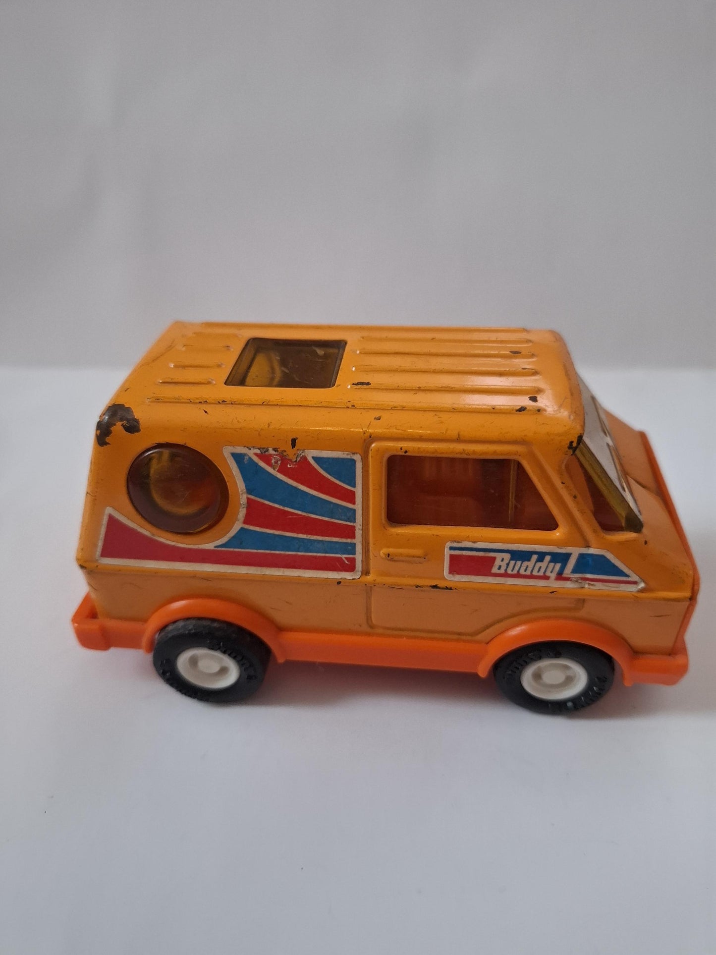 Vintage Buddy L 1970s Van toy - 5inch orange bubble window Van -Pressed steel - made in Japan