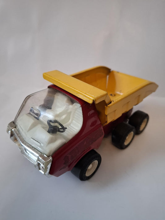 Vintage Small Dump Truck 6"  -Clover Toys Pressed Steel Tipping Truck, Made in Korea - Yellow Red