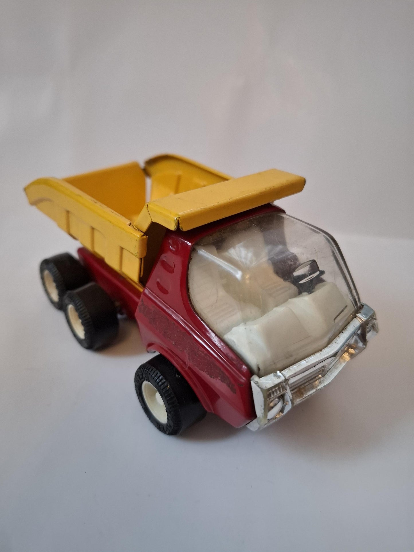 Vintage Small Dump Truck 6" -Clover Toys Pressed Steel Tipping Truck, Made in Korea - Yellow Red