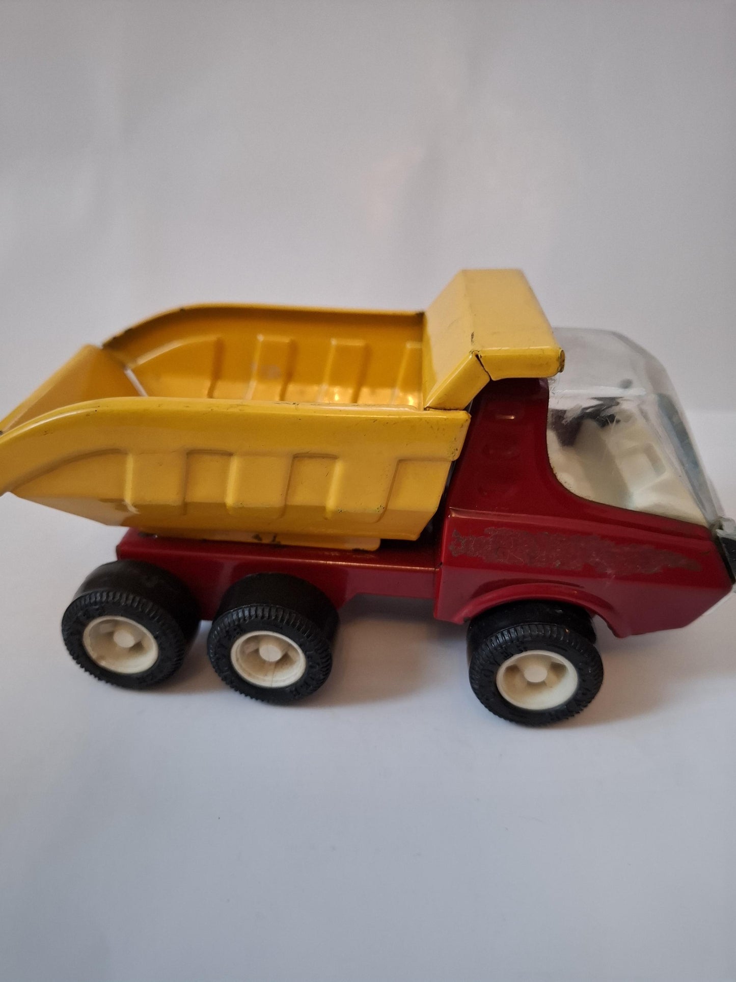 Vintage Small Dump Truck 6" -Clover Toys Pressed Steel Tipping Truck, Made in Korea - Yellow Red