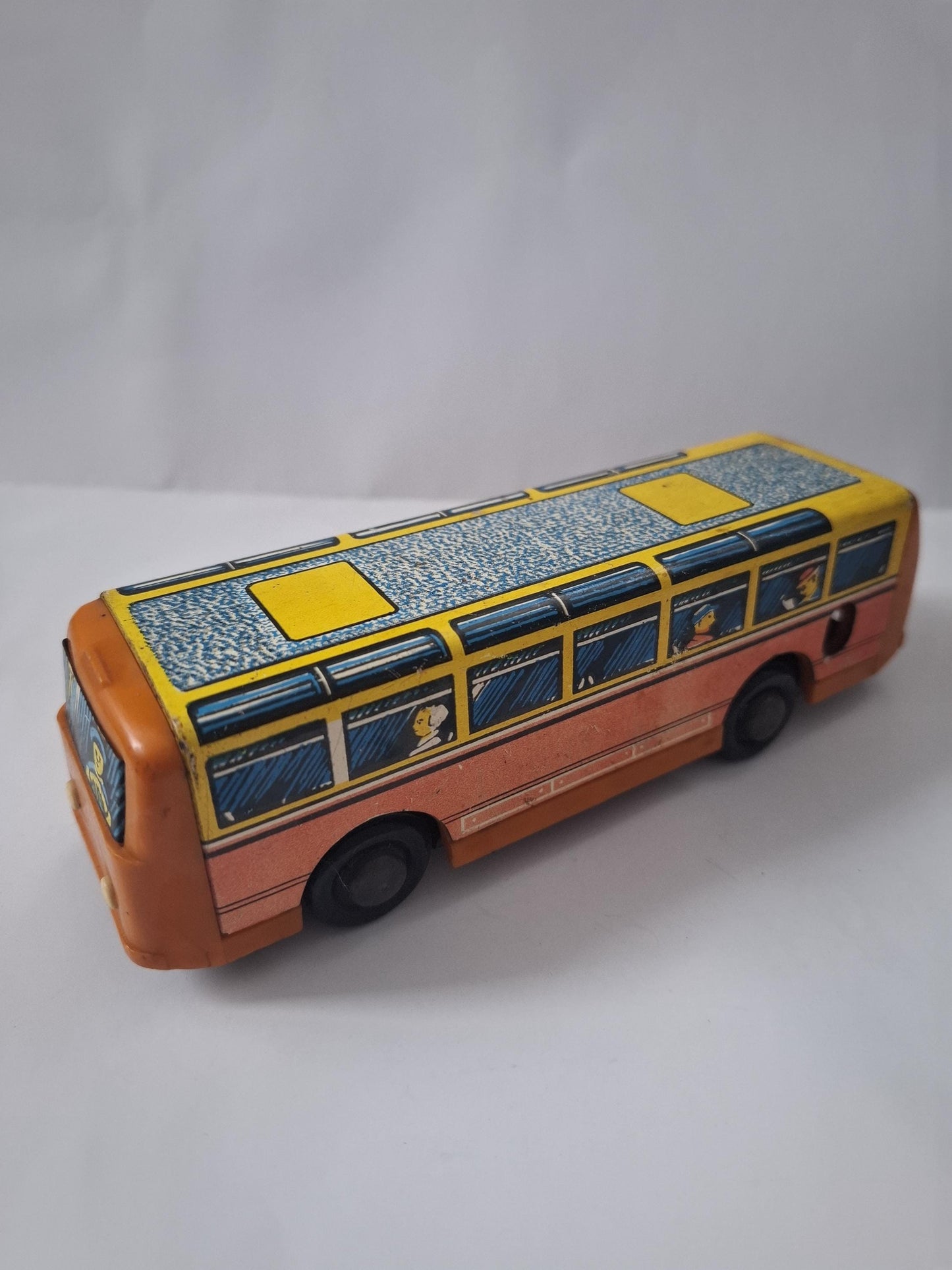 Vintage Soviet autobus 1970s Leningrad USSR LMO "Sputnik" tin metal plastics Soviet winding toy