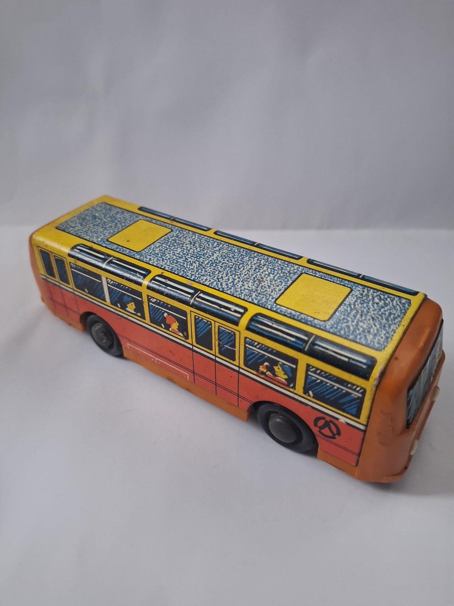 Vintage Soviet autobus 1970s Leningrad USSR LMO "Sputnik" tin metal plastics Soviet winding toy