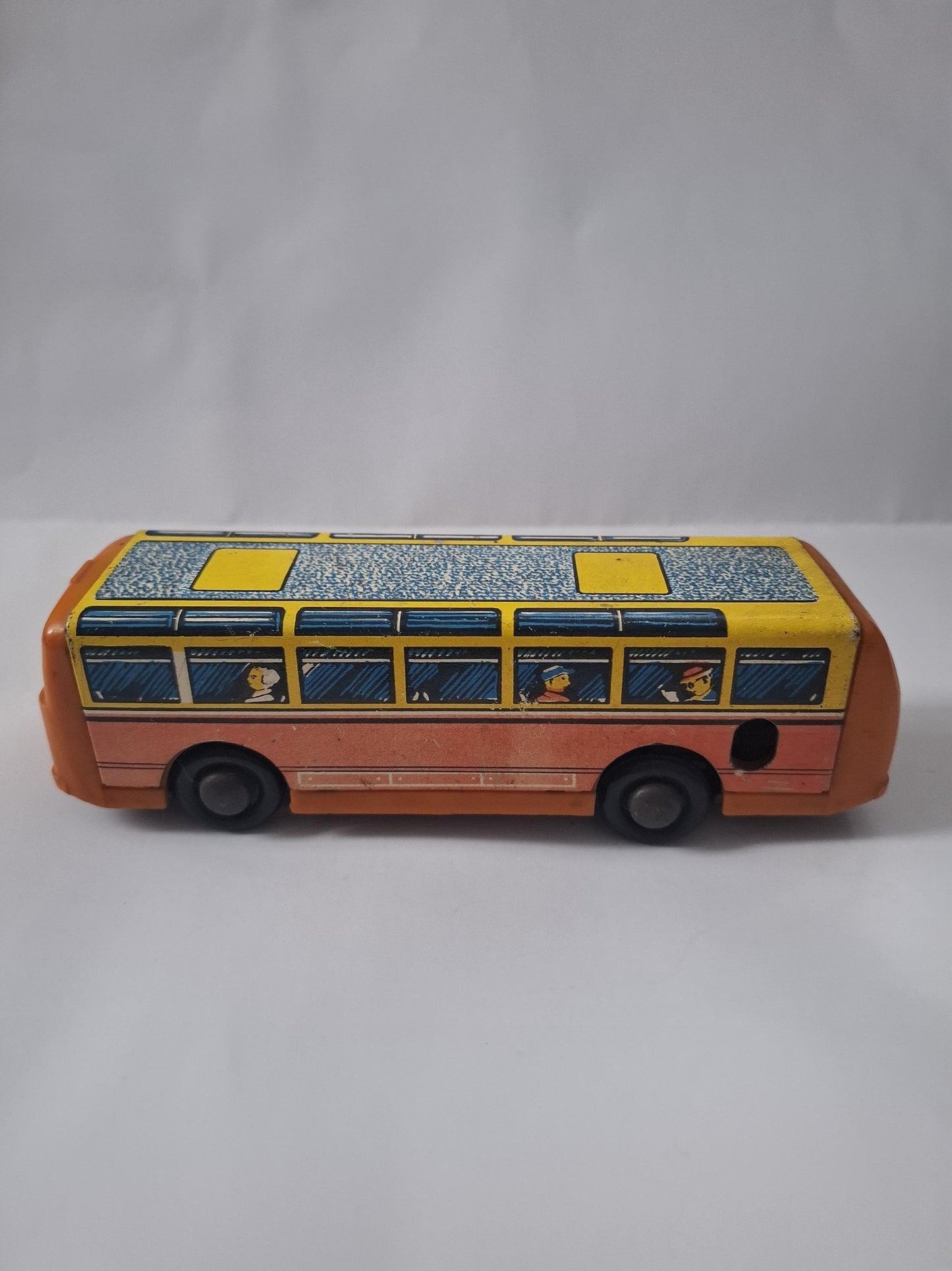 Vintage Soviet autobus 1970s Leningrad USSR LMO "Sputnik" tin metal plastics Soviet winding toy