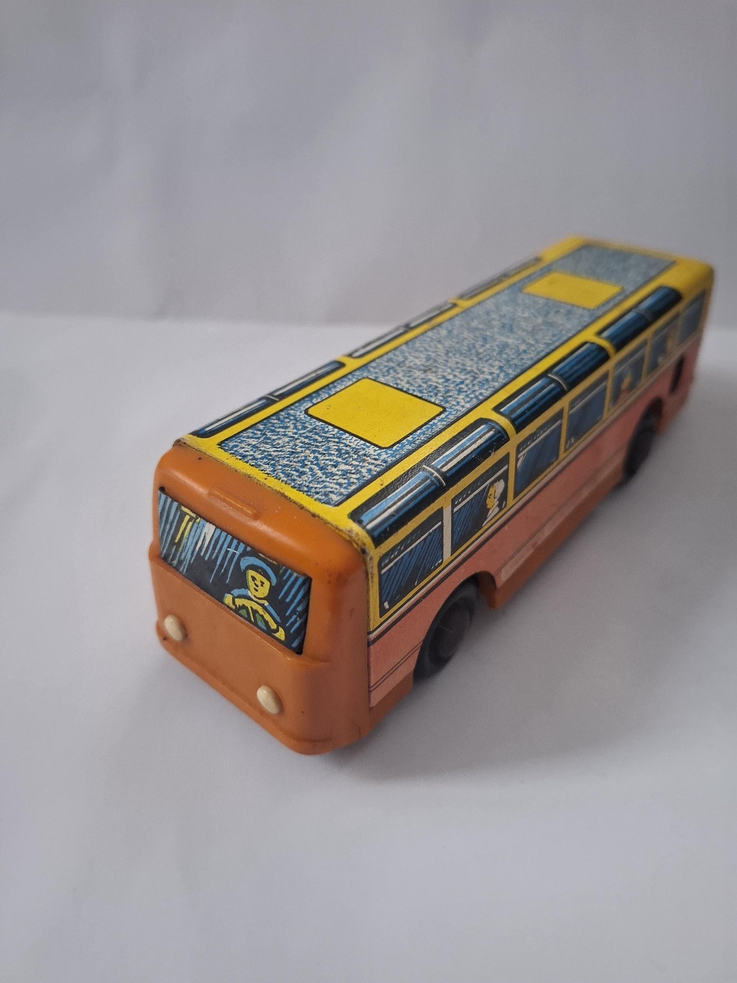 Vintage Soviet autobus 1970s Leningrad USSR LMO "Sputnik" tin metal plastics Soviet winding toy