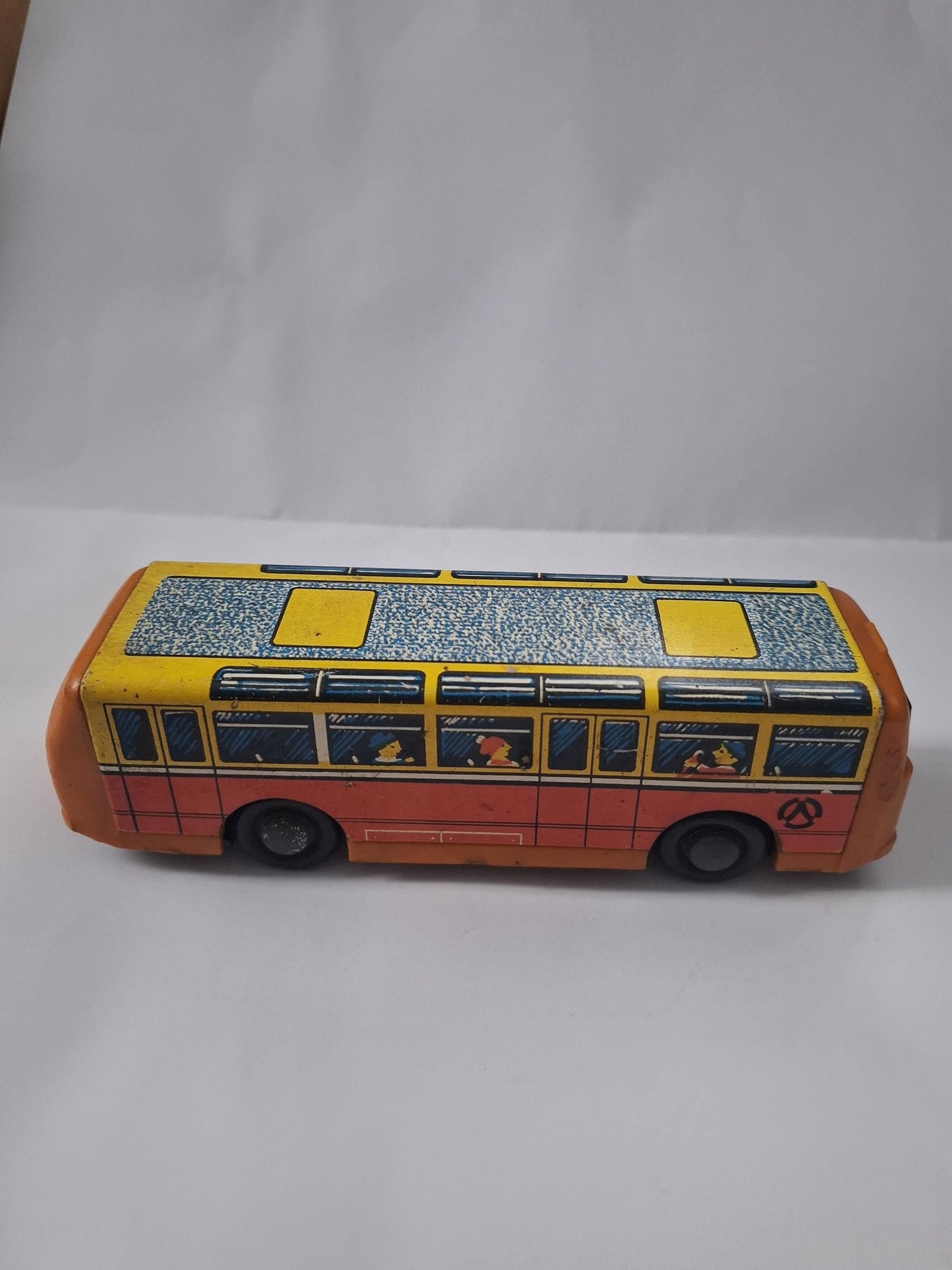 Vintage Soviet autobus 1970s Leningrad USSR LMO "Sputnik" tin metal plastics Soviet winding toy