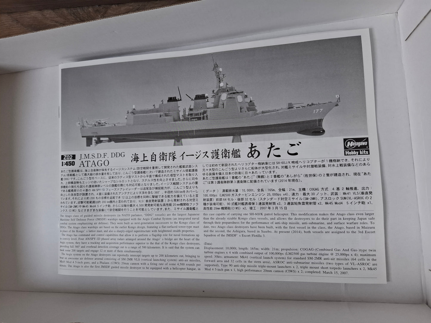 Hasegawa 1/450 JMSDF DDG Atago (Z02) Model Kit – Sealed Parts, Good Decals, Damaged Box