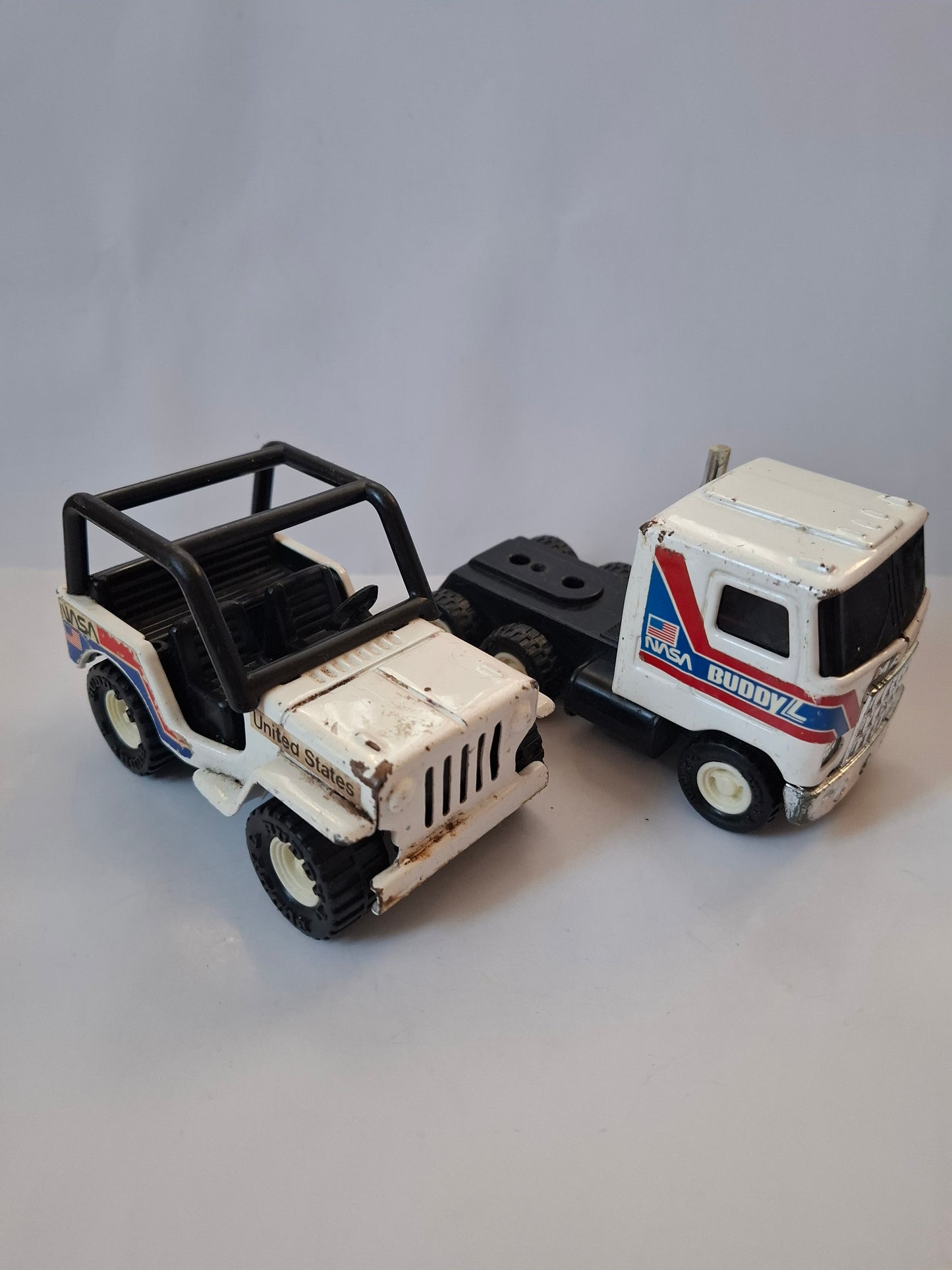 Vintage 1980 set NASA Jeep 4x4 + Mack truck Buddy L Pressed Steel toys - Made in Japan