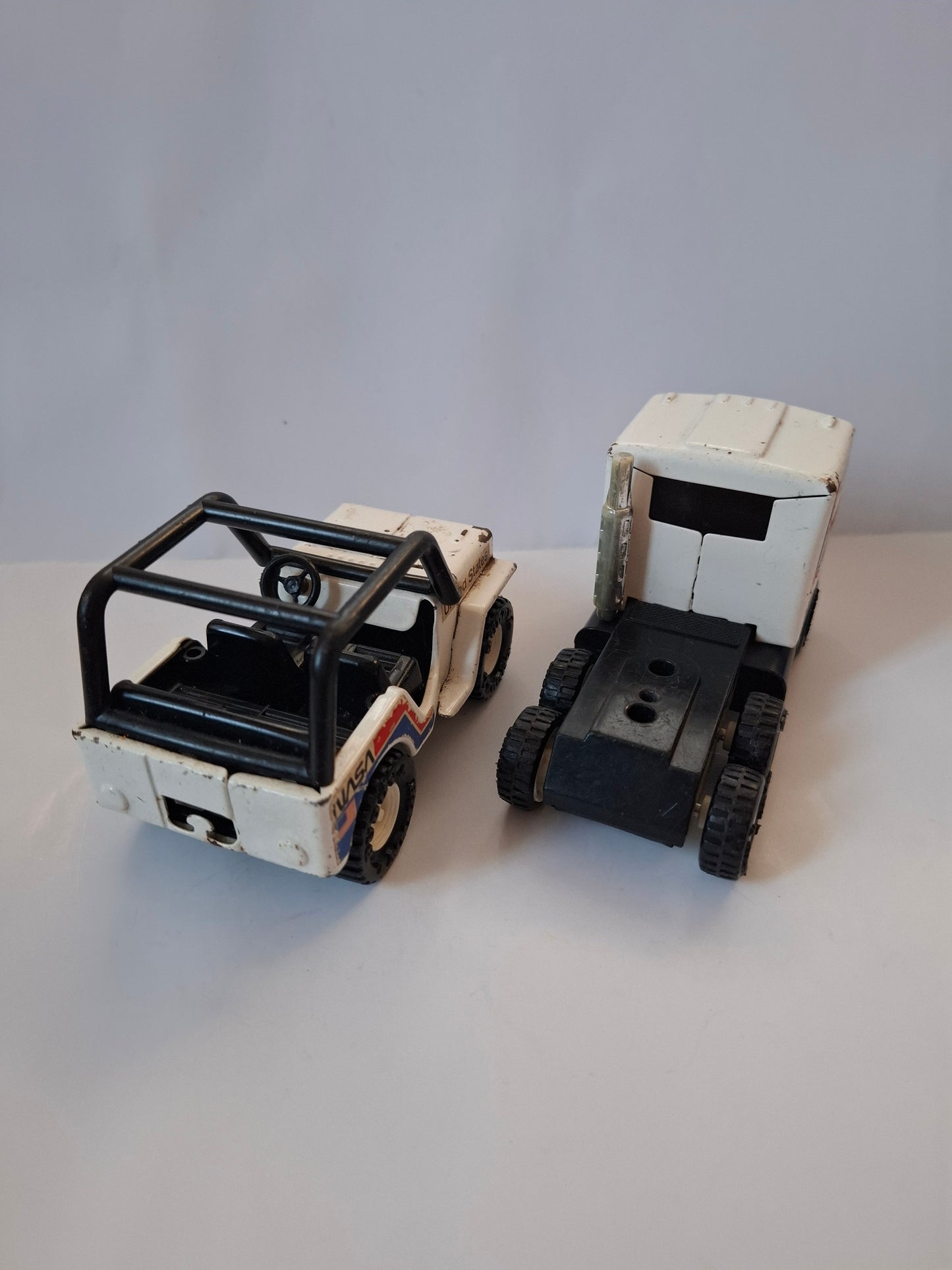 Vintage 1980 set NASA Jeep 4x4 + Mack truck Buddy L Pressed Steel toys - Made in Japan
