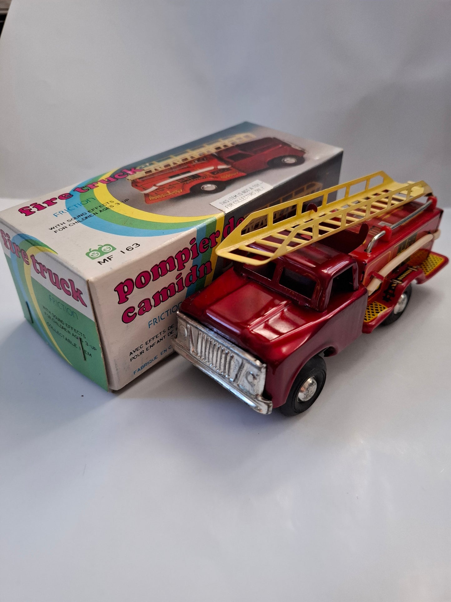 Vintage Pompier Friction Fire Truck Tin Toy 6 inch - MF 163 (BOXED)