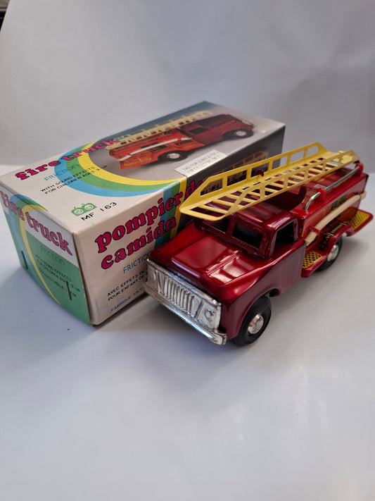 Vintage Pompier Friction Fire Truck Tin Toy 6 inch - MF 163 (BOXED)