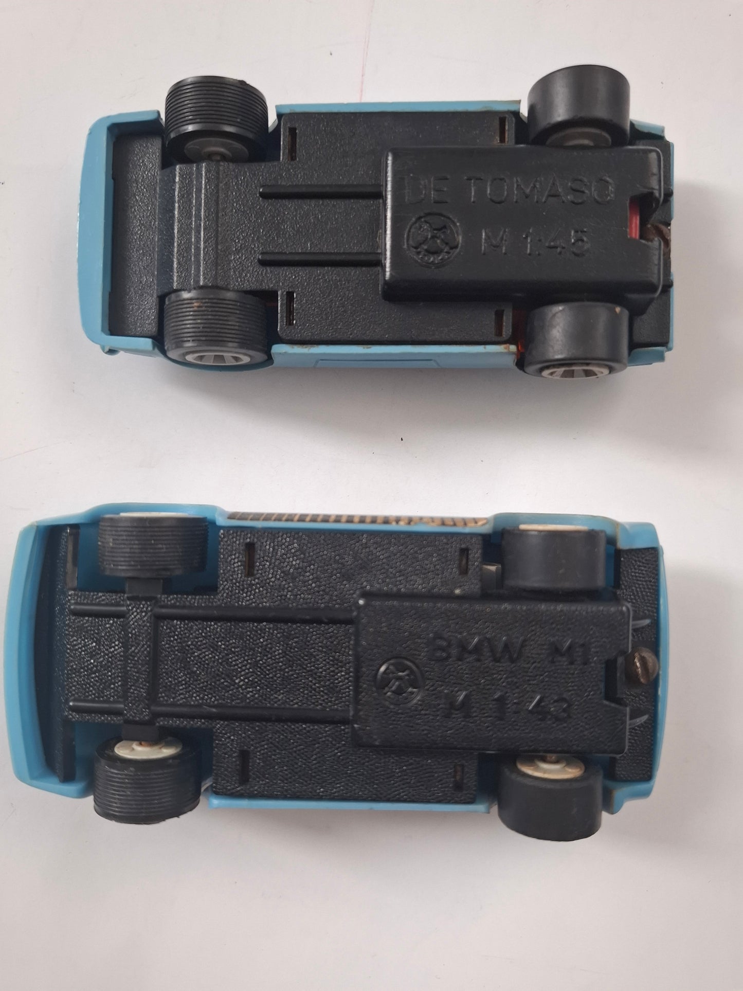 VIntage Two Blue Plastic Car Lot CSSR De Tomaso Pantera + BMW M1 - Igra 1/45 scale