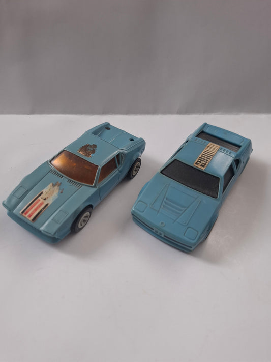 VIntage Two  Blue Plastic Car Lot CSSR De Tomaso Pantera + BMW M1 - Igra 1/45 scale
