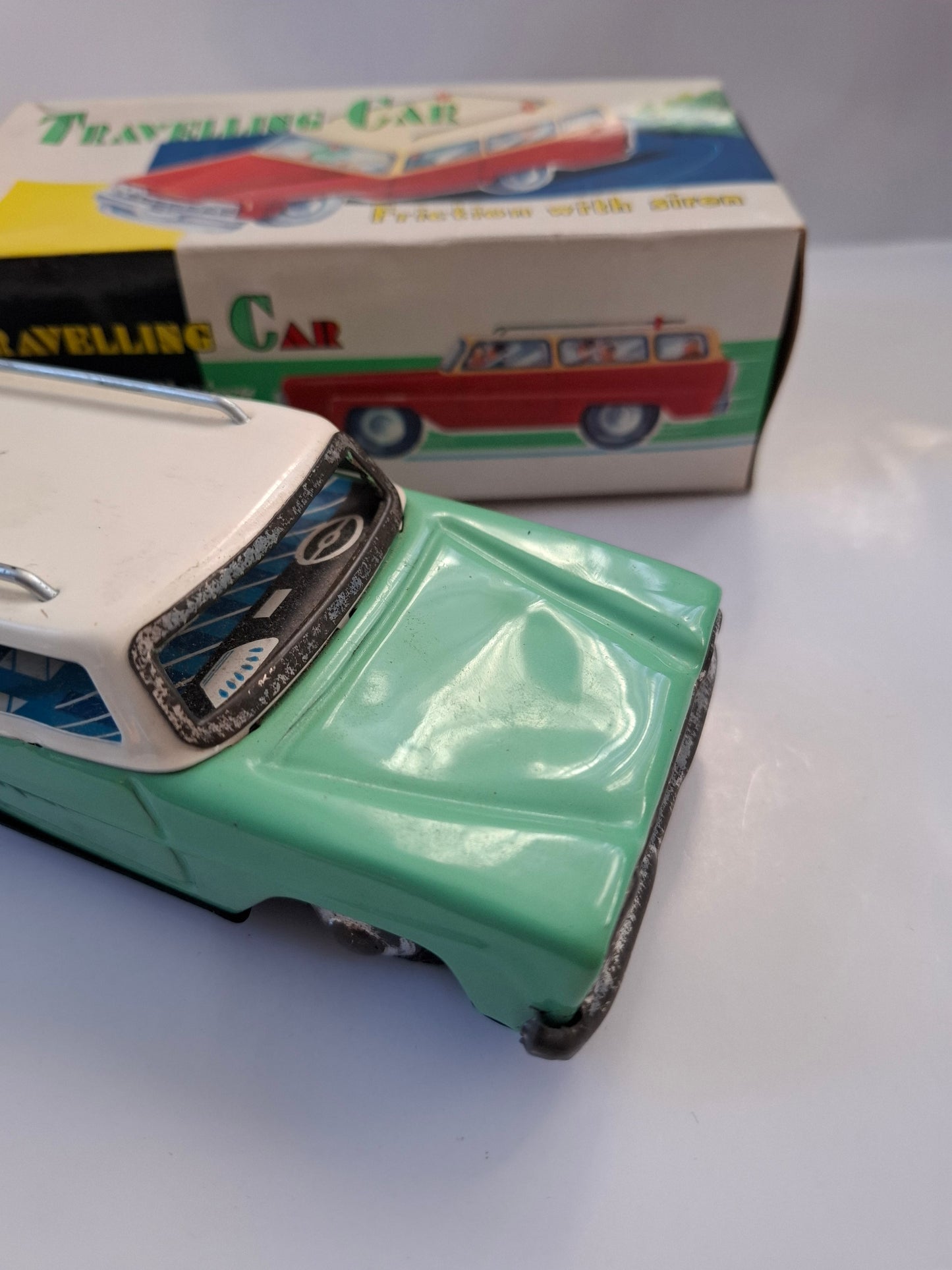 Rare Candy Green Station Wagon Car Tin Friction Toy MF 731 -made in china (BOXED)