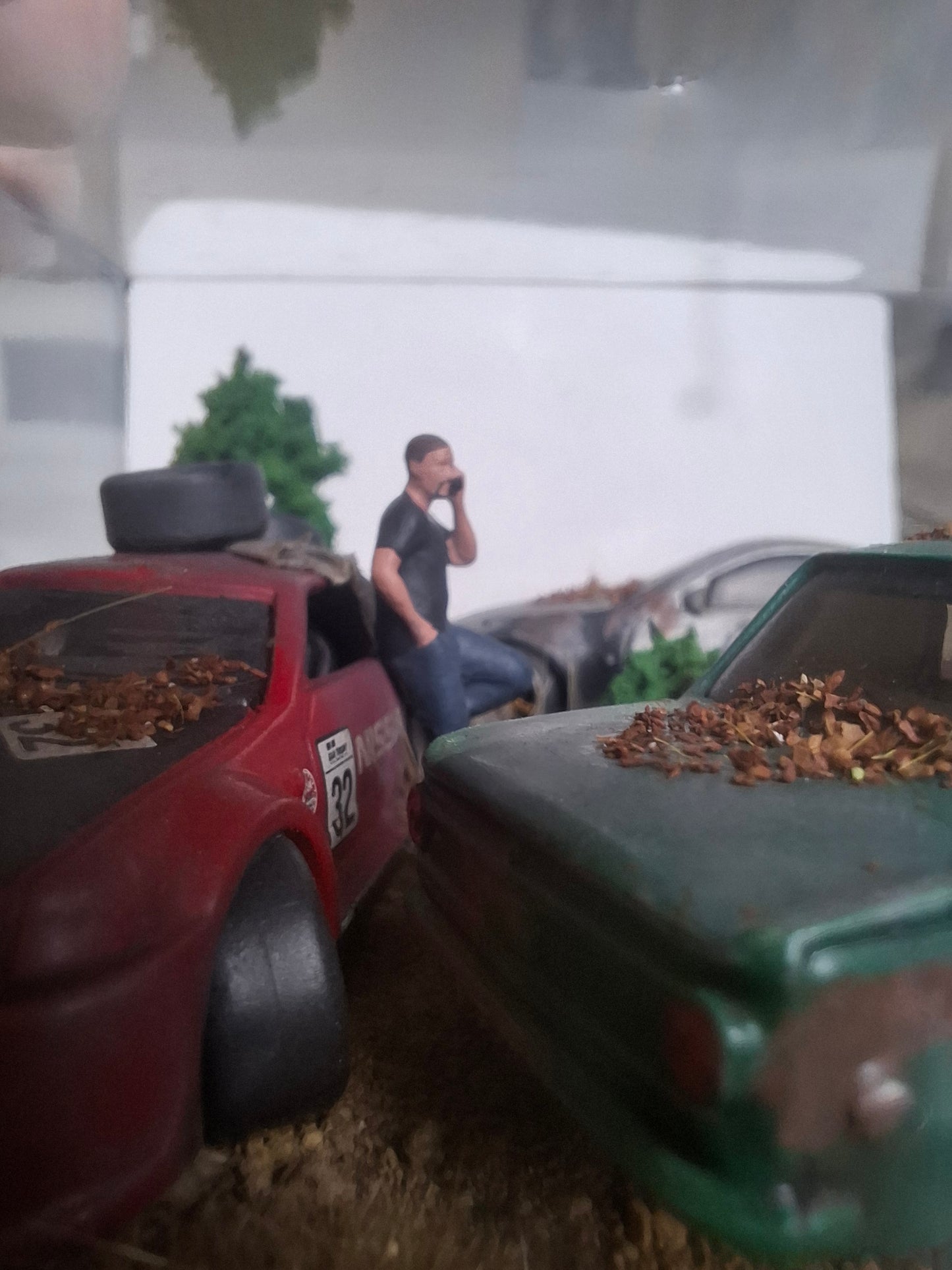 Handmade 1:64 Scale Junkyard Diorama | Weathered Nissan Diecast Car Display | Unique Miniature Collector Scene | 'Barn Find' Art