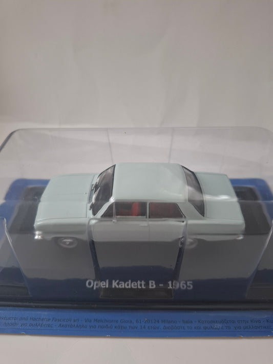 Opel Kadett B 1965 – Hachette 1:43 Die-Cast Model, Blue with Red Interior – Original Plastic Cas