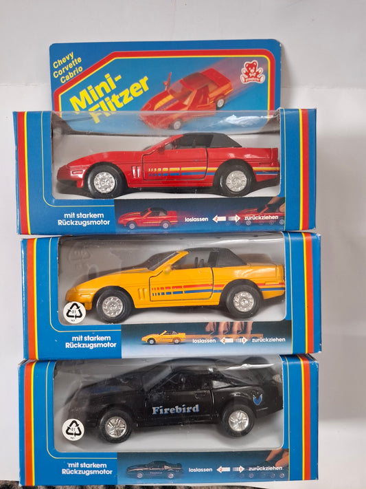 Vintage 90s Playbear Miniflitzer Diecast Car Set – 1:36 Chevrolet Corvette & Pontiac Firebird Boxed