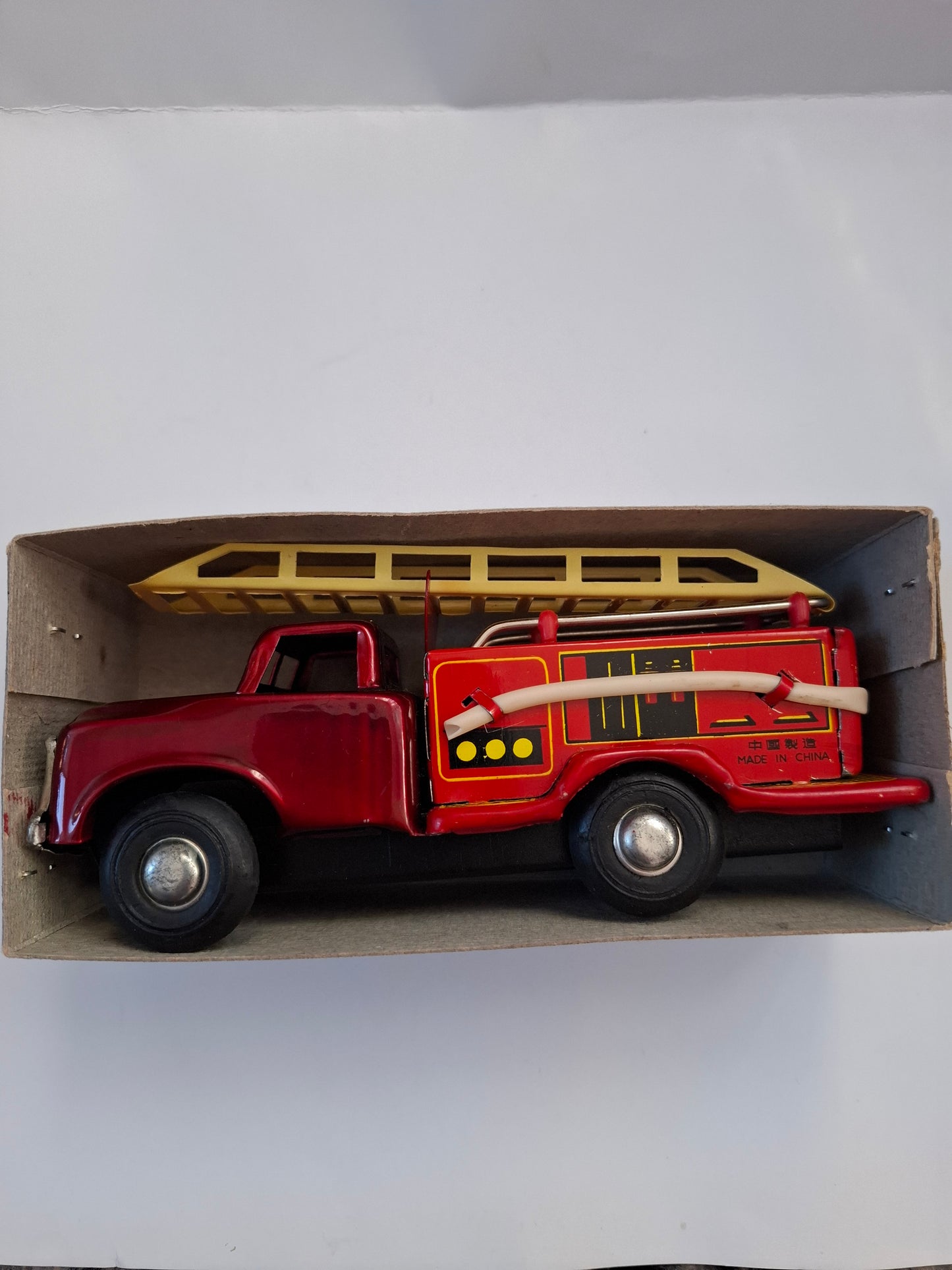 Vintage Pompier Friction Fire Truck Tin Toy 6 inch - MF 163 (BOXED)