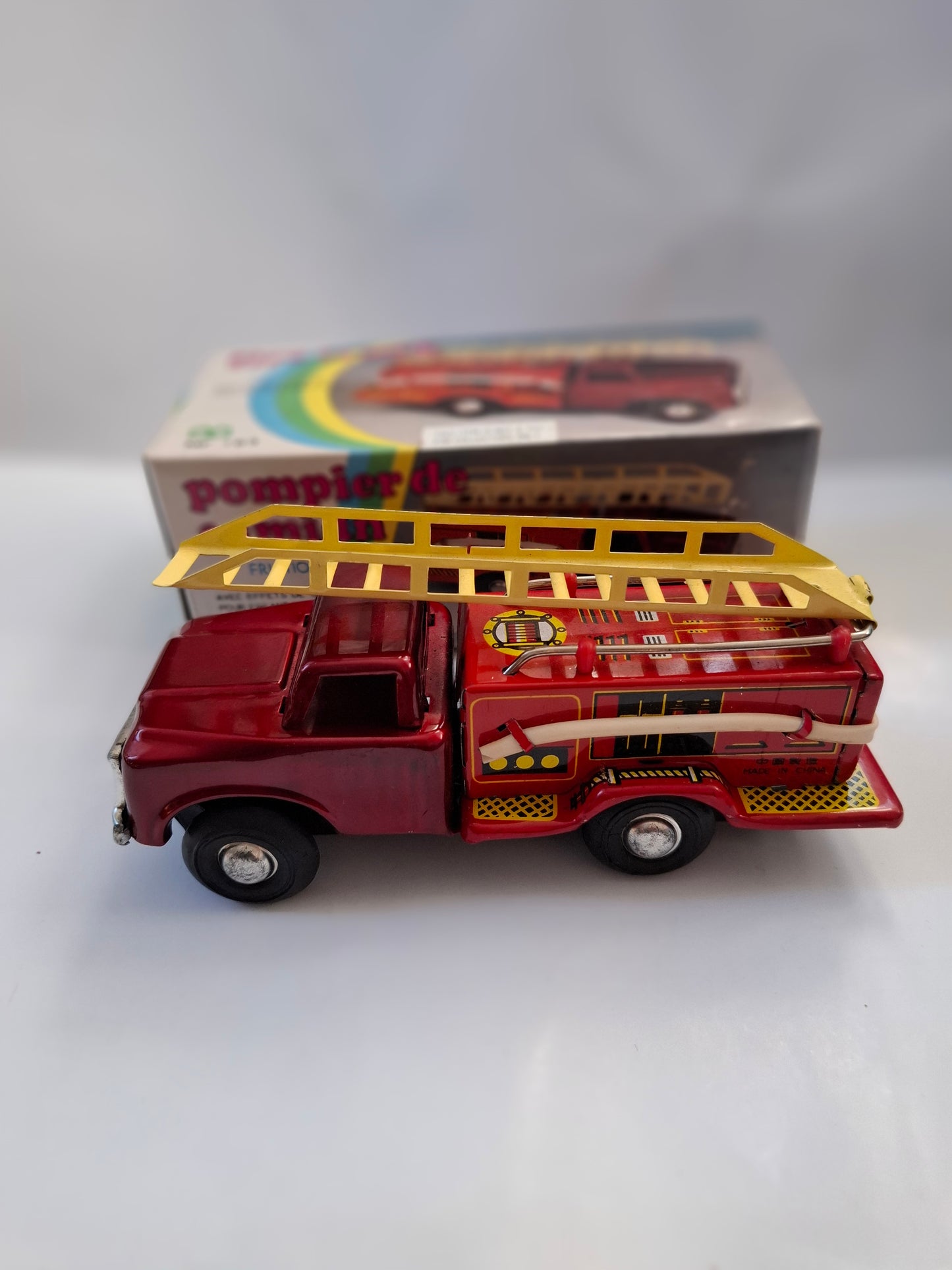 Vintage Pompier Friction Fire Truck Tin Toy 6 inch - MF 163 (BOXED)