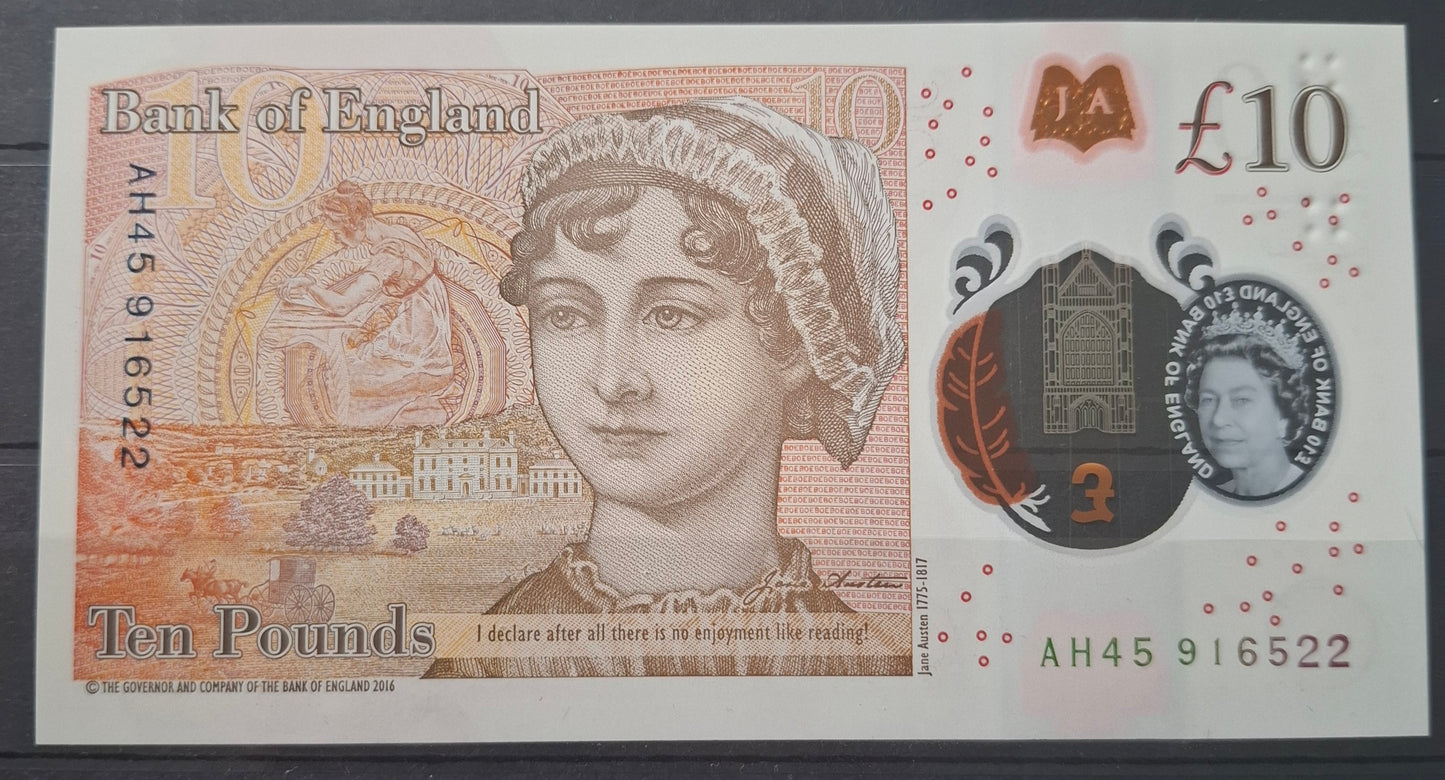 England 10 Pound Banknote Polymer UNC 2017–2020 Queen Elizabeth II Jane Austen P-395