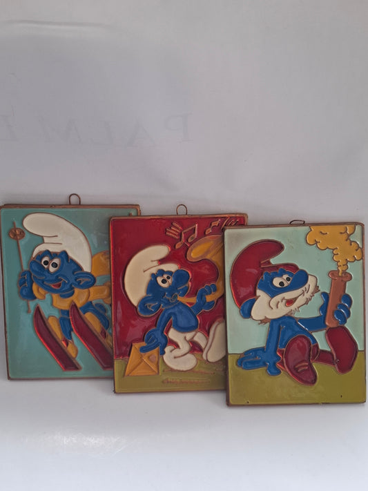 Hand-Painted Smurf Metal Relief Tiles (11x8.5 cm) – 3 Variants