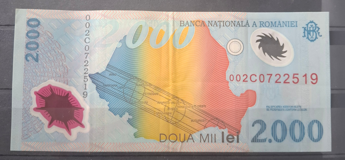 Romania 2000 Lei 1999 Polymer Banknote EF/XF Pick P-111a Solar Eclipse Commemorative