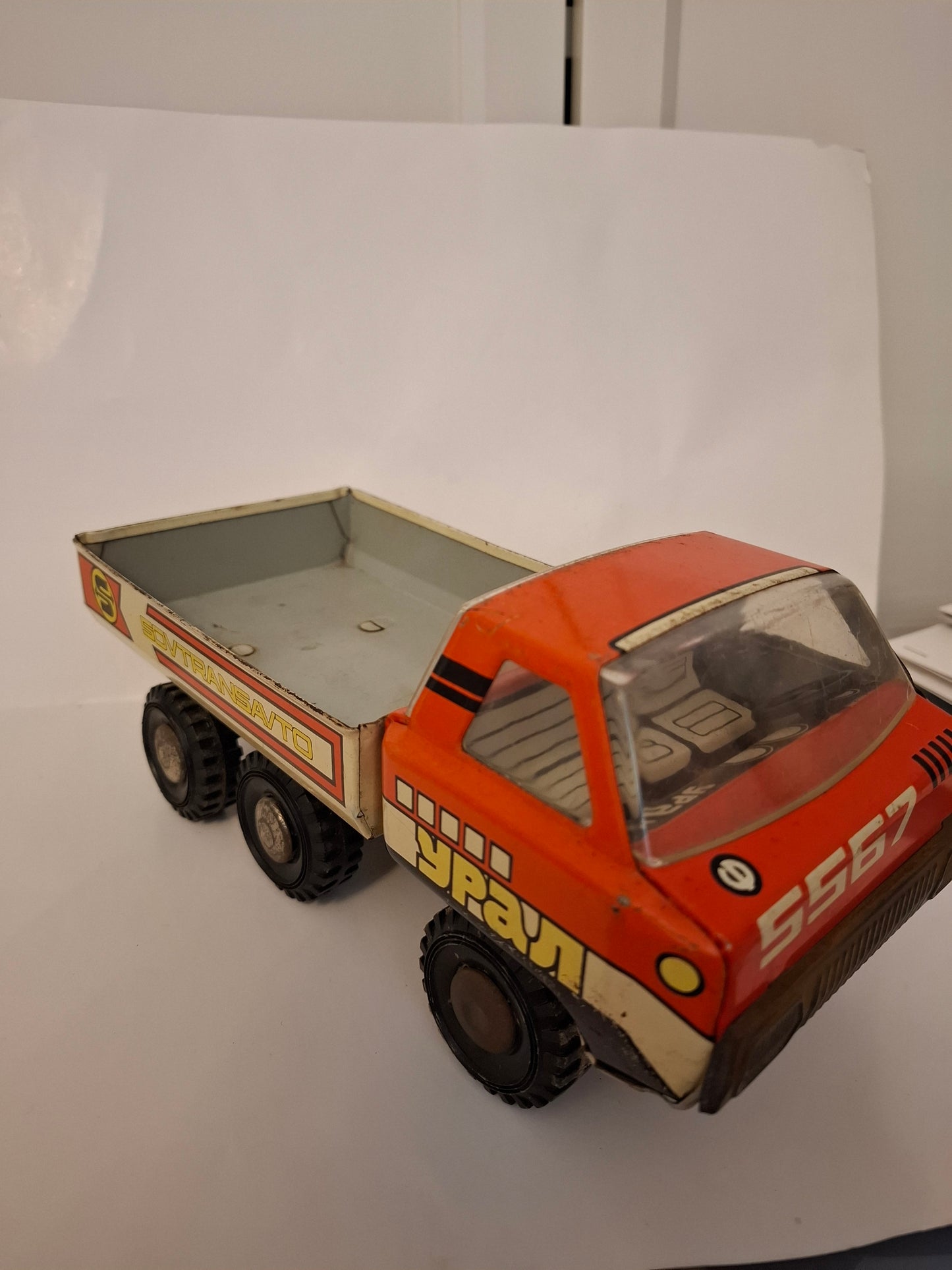 Vintage Soviet Tin Truck USSR big dump three-axle truck Ural-5567 "Sovtransavto" tin toy truck vehicle red old antique