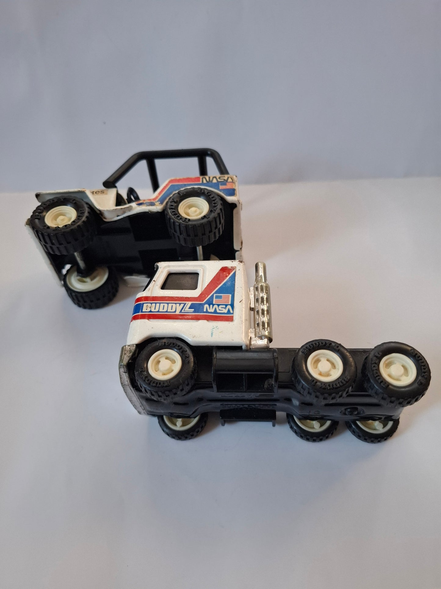 Vintage 1980 set NASA Jeep 4x4 + Mack truck Buddy L Pressed Steel toys - Made in Japan
