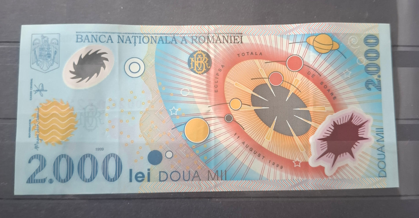 Romania 2000 Lei 1999 Polymer Banknote EF/XF Pick P-111a Solar Eclipse Commemorative