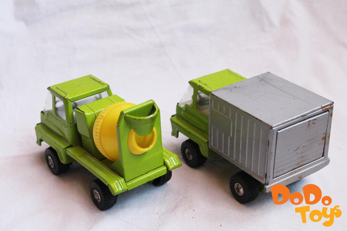 Set of two Vintage Buddy L  -5 Inch Steel Lime Body/Yellow Mixer Cement Mixer and Box truck  - Made in Japan