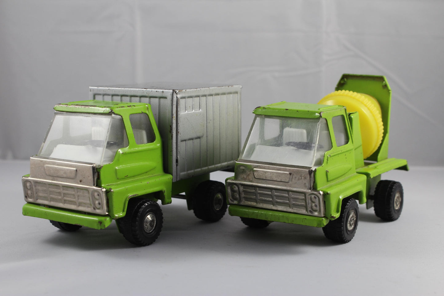 Set of two Vintage Buddy L  -5 Inch Steel Lime Body/Yellow Mixer Cement Mixer and Box truck  - Made in Japan