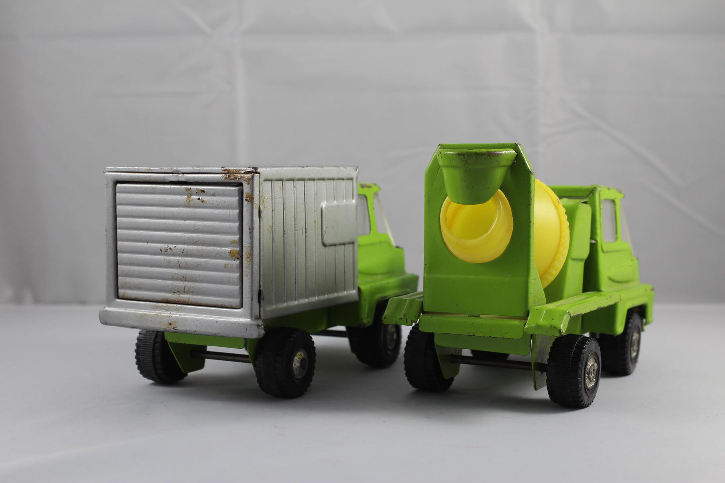 Set of two Vintage Buddy L  -5 Inch Steel Lime Body/Yellow Mixer Cement Mixer and Box truck  - Made in Japan
