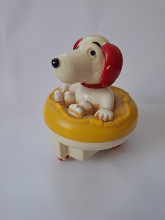Very Cute little Vintage Blue Box Wind-Up Dog Toy in Yellow Life Raft - looks like snoopy :)