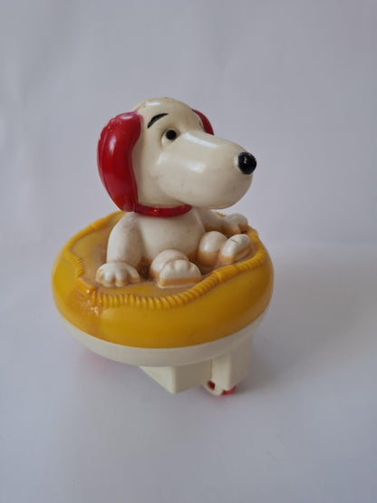 Very Cute little Vintage Blue Box Wind-Up Dog Toy in Yellow Life Raft - looks like snoopy :)