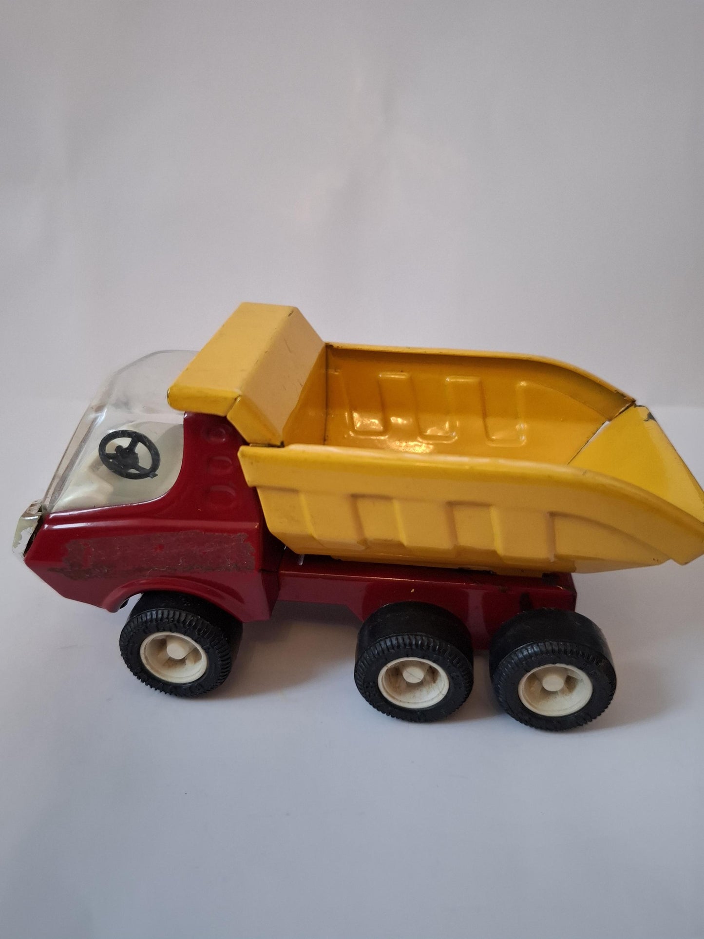 Vintage Small Dump Truck 6"  -Clover Toys Pressed Steel Tipping Truck, Made in Korea - Yellow Red