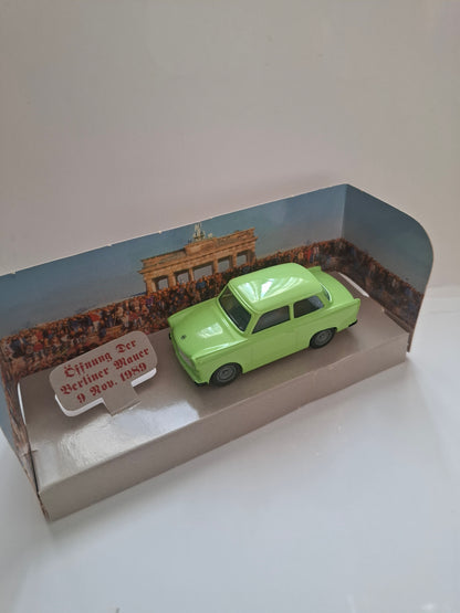 Trabant Trabbi model green in front of Brandenburg Gate "Opening of the Berlin Wall 1989"