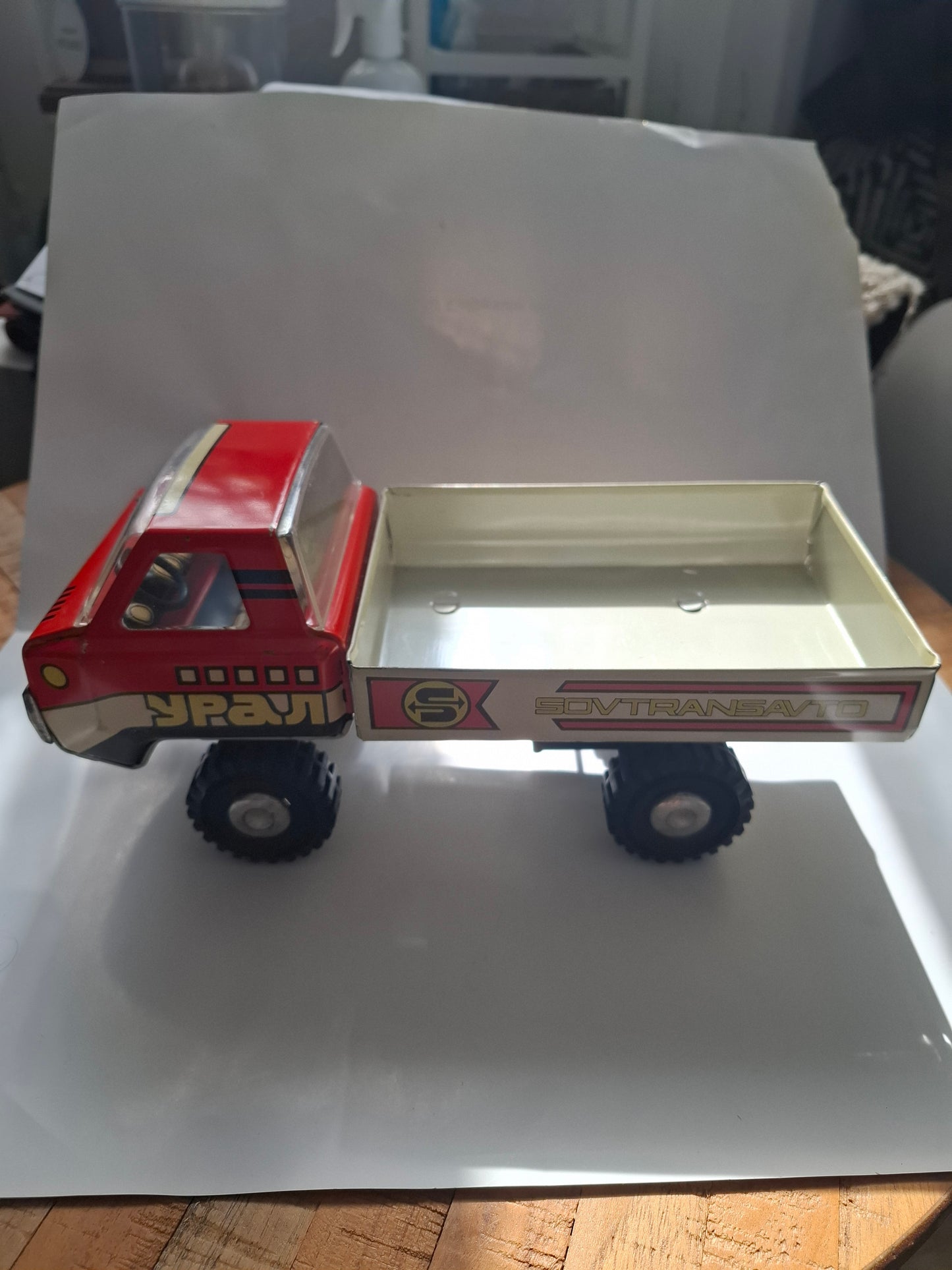 Vintage Soviet Tin Truck USSR big dump two-axle truck Ural-5567 "Sovtransavto" tin toy truck vehicle red old antique