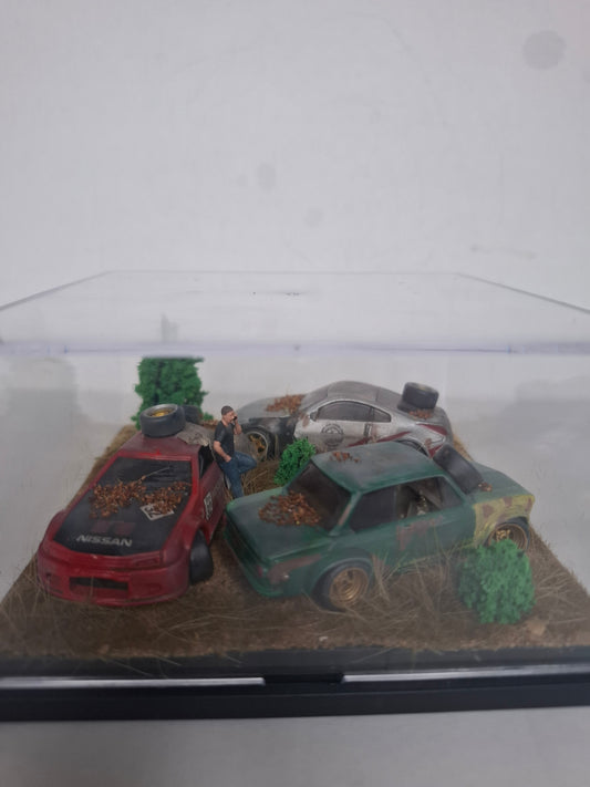 Handmade 1:64 Scale Junkyard Diorama | Weathered Nissan Diecast Car Display | Unique Miniature Collector Scene | 'Barn Find' Art