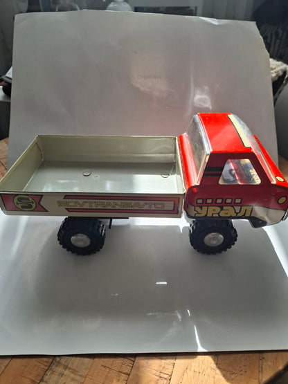 Vintage Soviet Tin Truck USSR big dump two-axle truck Ural-5567 "Sovtransavto" tin toy truck vehicle red old antique