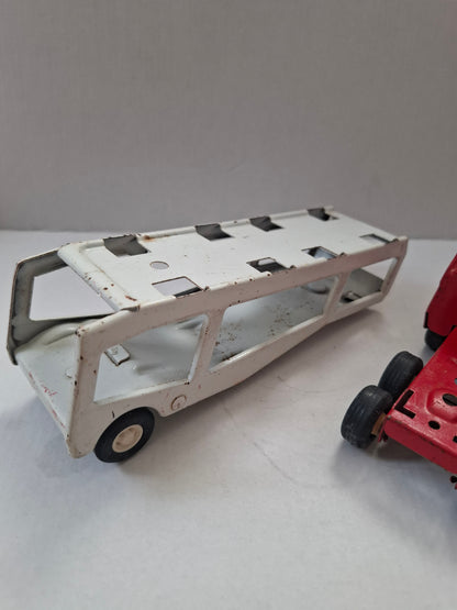 Vintage 9" Tonka Pressed Steel Car Carrier Toy Truck - Red Cab & White Trailer