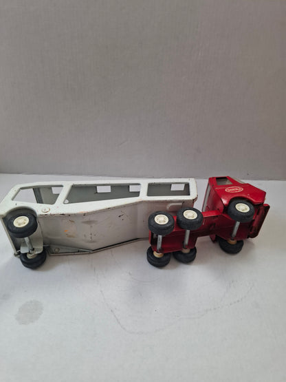 Vintage 9" Tonka Pressed Steel Car Carrier Toy Truck - Red Cab & White Trailer