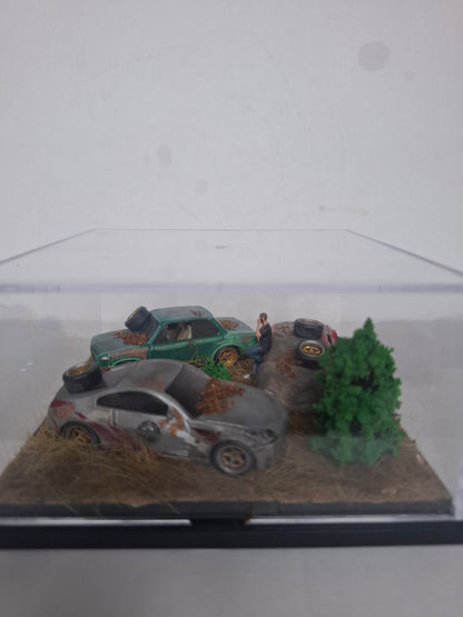 Handmade 1:64 Scale Junkyard Diorama | Weathered Nissan Diecast Car Display | Unique Miniature Collector Scene | 'Barn Find' Art