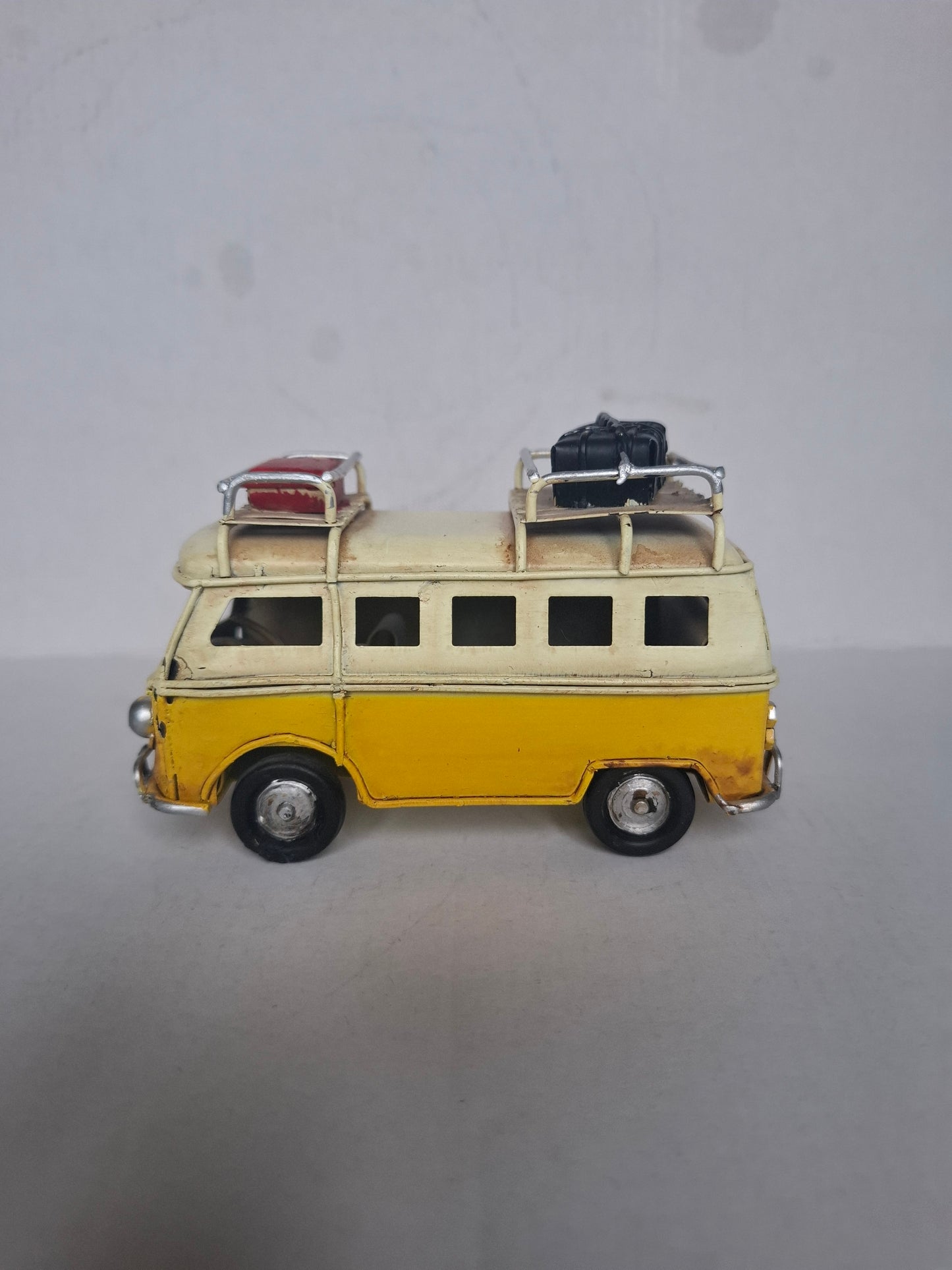 Vintage Yellow Metal Bus Model | Handmade Retro Camper Van Decor | Classic T1 Split Window Display Ornament | Hippie Surf Van Gift