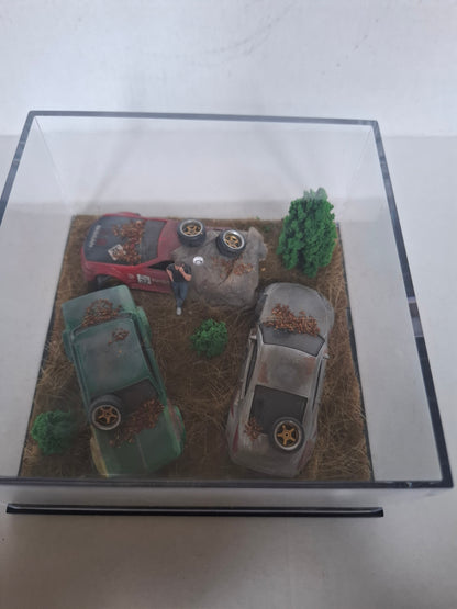Handmade 1:64 Scale Junkyard Diorama | Weathered Nissan Diecast Car Display | Unique Miniature Collector Scene | 'Barn Find' Art