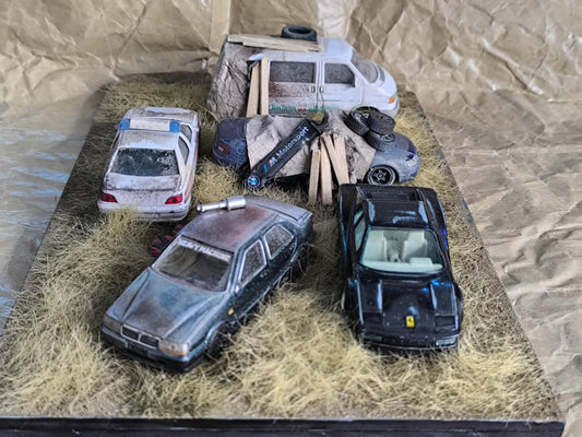 1:43 Scale Handmade Scrap Yard Diorama with Mounted Diecast Cars – Collector's Display Piece