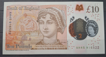 England 10 Pound Banknote Polymer UNC 2017–2020 Queen Elizabeth II Jane Austen P-395