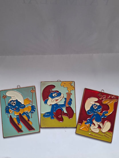Hand-Painted Smurf Metal Relief Tiles (11x8.5 cm) – 3 Variants